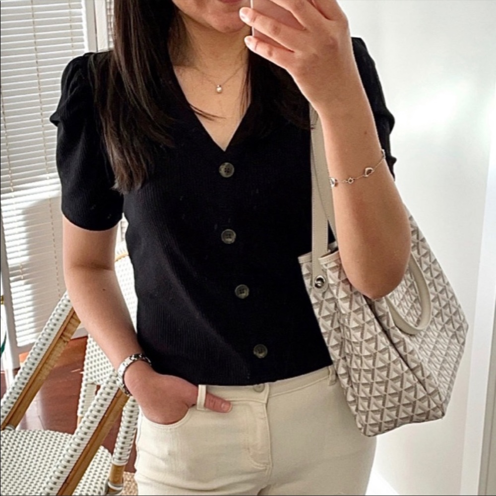 LOFT Black Ribbed Puff Sleeve Cardigan Top Size XL